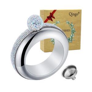 Qingo Novelty Engagement Ring Rhinestone Encrusted Flask Bangle Bracelet OSFM